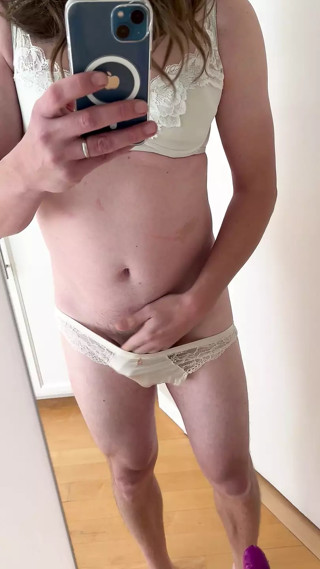 First time curious young sissy crossdressing in wifes lingerie and playing with her toys