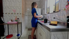 Lazy stepsister had her pussy used while washing the dishes.