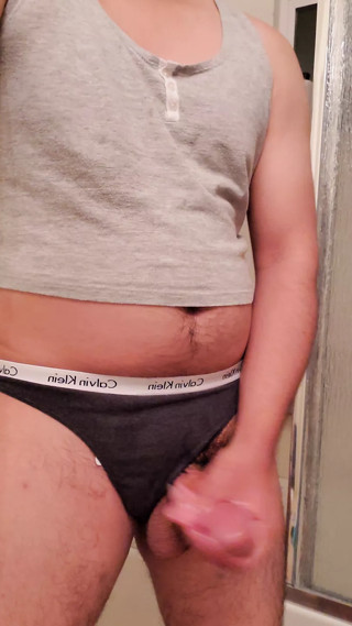 Wearing my wifes thong and top jerking to her