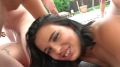 Outdoor Gangbang - Busty Brunette Used by the Whole Crew