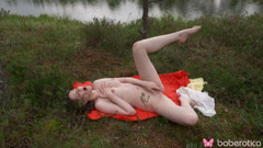 Solo horny girl in the woods playing with a sex toy,in 4K.