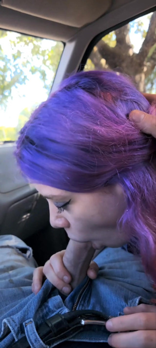 Purple haired alt teen worships thick cock, and gets cum