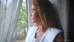 Busty Babe Denise with a Wet T-shirt at the Window
