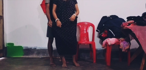 Desi Naughty Bhabi with big boobs is waiting for hot devar in outside kitchen room.