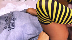 The stepdaughter seduces her father's friend and fucks him in his room while he is sleeping.