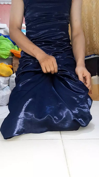 Asian crossdresser masturbate and cum inside satin blue long gown with silky lining thumbnail