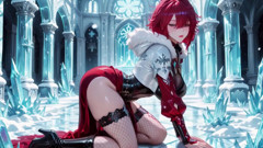 Ice Queen! Red-haired Sorceress Makes a Stunning Entrance in the Crystal Hall, Robe Slightly Open and Staff Tapping Seductively