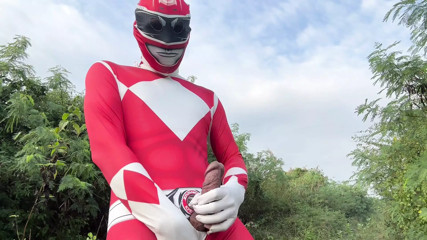 Power Ranger wanking outdoor.