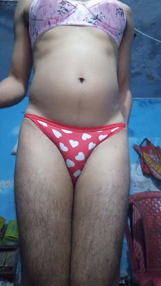 Horny Indian Teen Femboy Wearing His Step Sister's Bra and Panties While Jerking His Phimosis Cock thumbnail