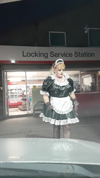 Sissy french maid in the petrol station