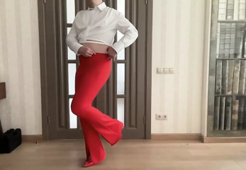 Flared red trousers and white crop blouse on tranny crossdresser femboy sissy ready for secretary job and school party