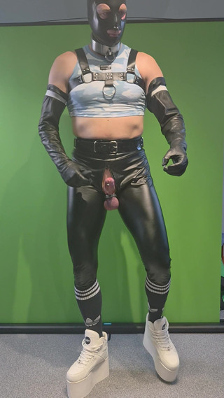 Rave outfit, Buffalo tower shoes, harness, leggings, latex gloves and mask. Inserting butt plug using precum