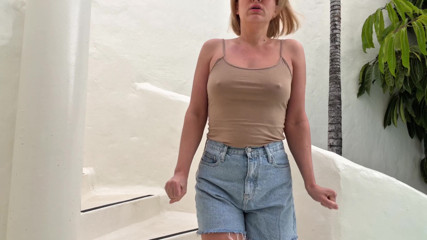 Desperate Wetting Denim Shorts on the Terrace: Can't Hold It Anymore