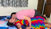 The girl lived in the living room with her boyfriend.