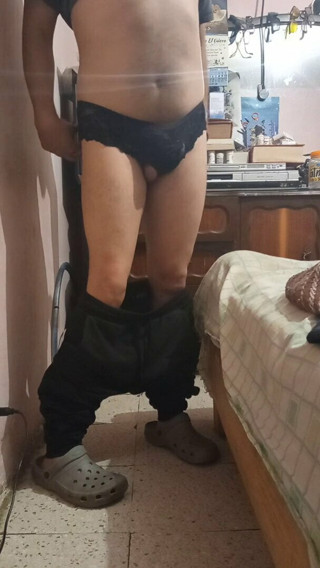Sissy crossdresser in black girl underwear