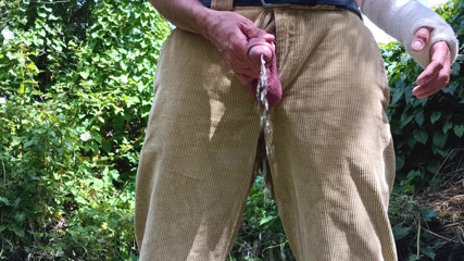Outdoor Cruising Big Uncut Cock Pissing, Masturbating, Delicious Creamy Cum Close up Wearing Cords - Rockard Daddy