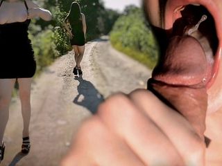 horny wife WALKS NAKED in heels OUTSIDE the city, SUCKS dick in the bushes and gets Cum in Mouth,  ALICExJAN