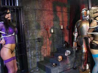 Blonde and brunette sex slaves get their hot asses slapped in a dungeon