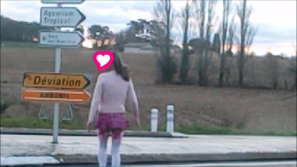 schoolgirl flashing on traffic circle roadsigns plugged