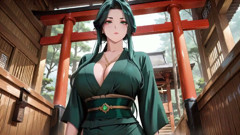 Green-haired Kimono Goddess! Private Tatami Close-up, Lazy Kneeling & Chest Rubs.