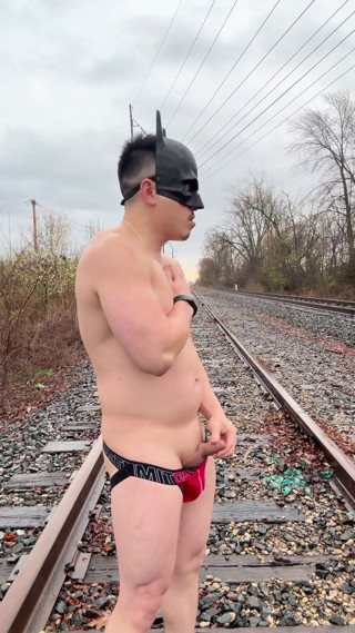 Rain-soaked Asian Muscle God in Jockstrap Bounces Pecs, Shows V-taper &amp; Eats His Massive Load on Train Tracks