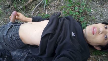 Cock exposed through the pants fly, this cute gay boy, humping, precuming, cumming, cleaning sperm on dick outdoors Jon Arteen