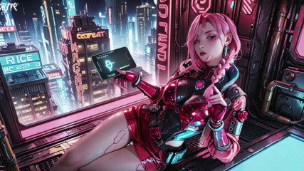 Pink-haired Mech Warrior! Kneeling in Neon Streets, Red Rose &amp; Cold Armor Contrast, Fingertips tracing collarbones.