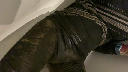 Trans girl pissing on muddy wet look leggings. Mud, pee fun