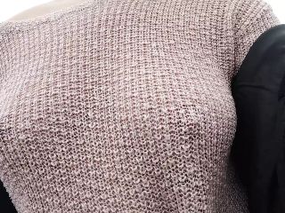 Boobwalk: Walking braless in a pink see through knitted sweater