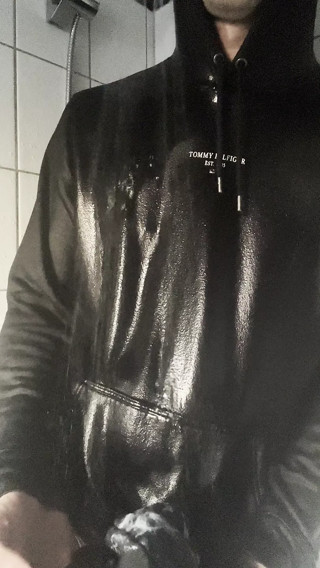 Cum in a wet blue Tommy Hilfiger and black Superdry Hoodie
