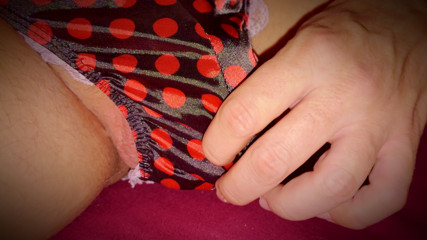 Precum and frenulum play in satin thong at night - Hard cock, shaking orgasm and cumshot on belly