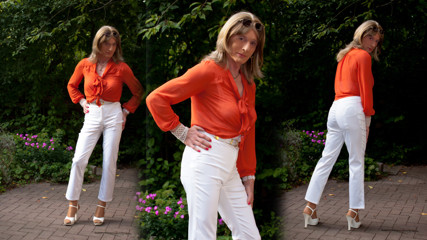 Garter Belt &amp; Nylon Stockings Under Sheer White Pants thumbnail