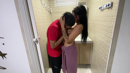 This beautiful skinny girl loves to suck my cock and I fuck her in the laundry room until she orgasms.