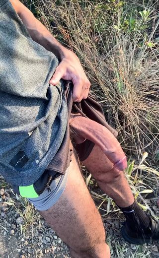 Cock 23cm pissing on the trail with people watching