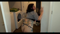 Spicy Tradwife Lifei Dress in Daisy Dukes, Black Fishnets and a Crop Top Tee Shirt to Do My Housework