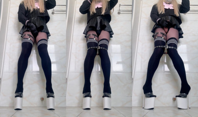 Crossdresser Punk Meow Masturbating in JK skirt &amp; platform heels