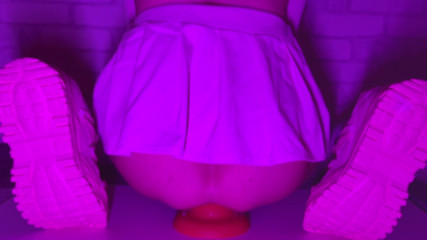 Sissy Girl In Short Skirt Bounces On a Huge 12-centimeter Thick Anal Plug