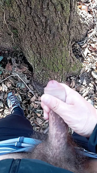 Big uncut cock cumming in the woods