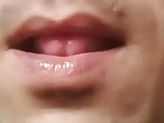 Red Crossdresser lips massage for eating sperm condom