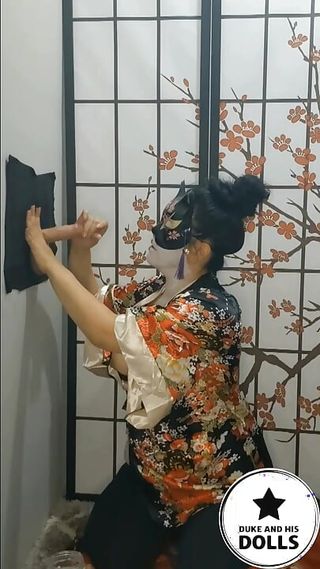 Asian doll cosplay Japanese geisha gloryhole w backstage tit fuck