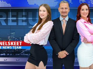 ChannelSkeet Breaking News - Male News Anchor FreeUse Bangs His Redhead Colleague &amp; 18yo Protester