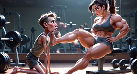 Muscular Woman Humiliates Skinny Man - Foot Worship Domination