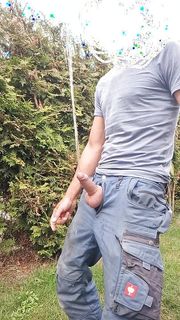 Craftsman pisses part2. The neighbor's wife comes back and wants to watch me. Another huge piss fountain while jerking off with a lot of cumshot