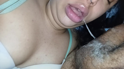 THE BITCH'S MOUTH GOES SO DEEP, drooling her hot spit over his hard cock