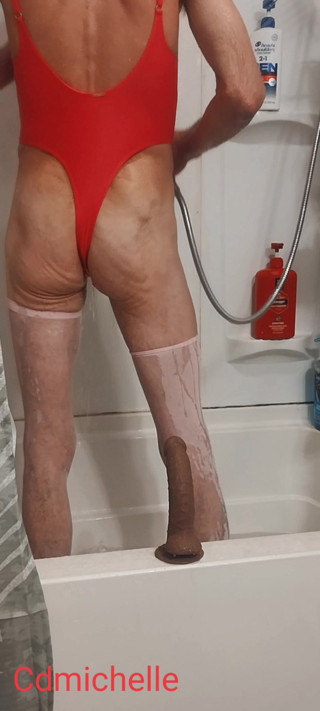 Cdmichelle Wearing Sexy Orange Swimsuit Playing Around in the Shower