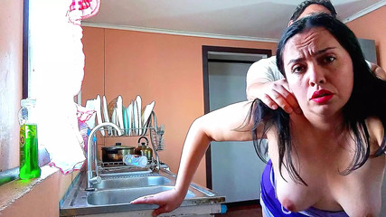 Fucking my stepmom in the kitchen topless and moaning loudly