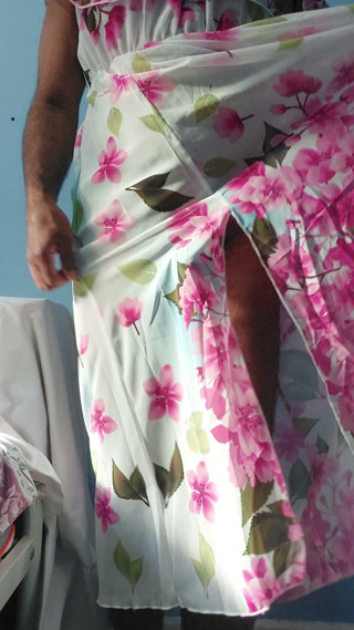 Shemale masterbate and cum in a silky seethrough Chiffon Fleared floral frock