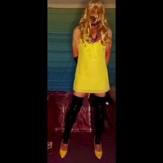 Yellow dress pink panty playing