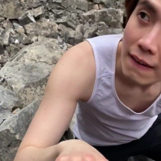 Asian Boy Takes Daddies Load Down by the River While Hiking