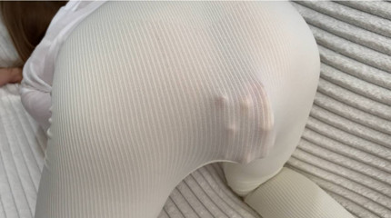 Pink Surprise Under White Leggings. White Outfit Tease